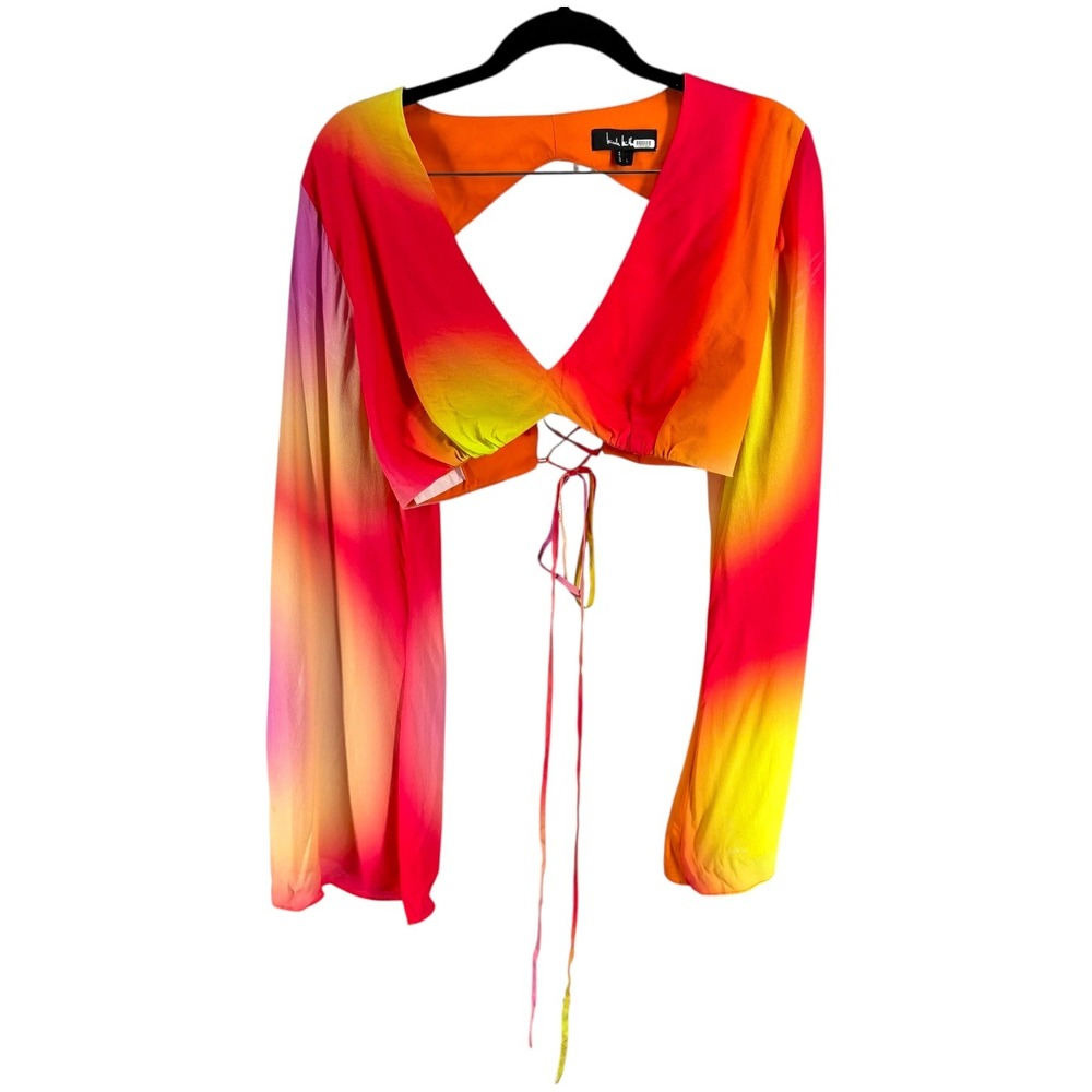 Nicole Miller Chakra Ombre Bra Top‎ L Lace Up Back Bell Sleeve Cutout Festival